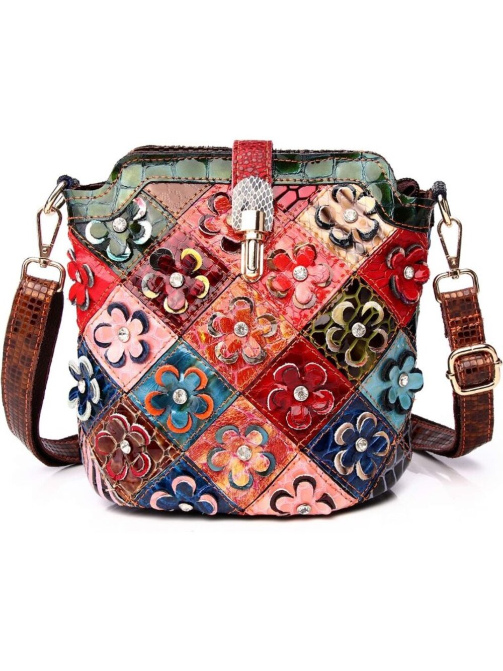 3D Floral Multicolor Crossbody Bag | Genuine Leather, Snake Pattern, Colorful